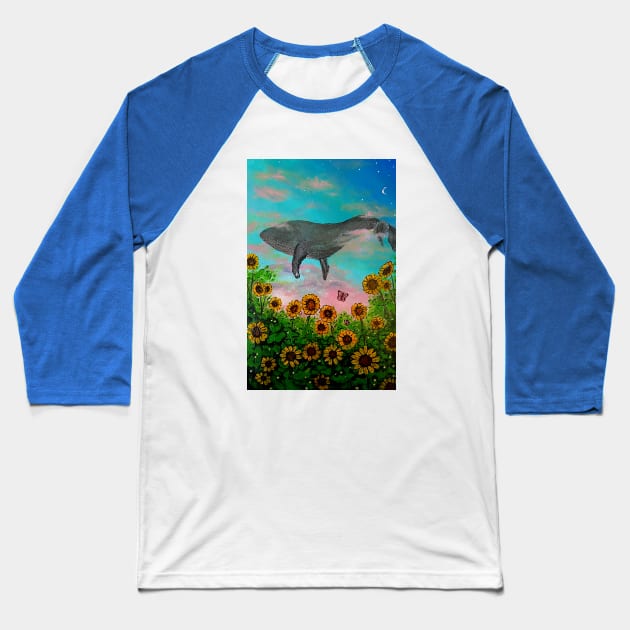 Whale flying in the sky with flower view Baseball T-Shirt by Sorbelloart